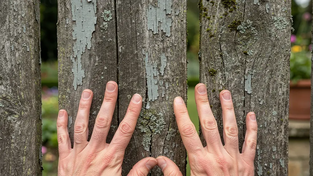Clôture bois extérieure présentant grisaillement et peinture écaillée après plusieurs années