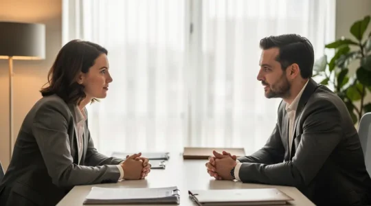 Courtier en assurance discutant avec un client dans un bureau moderne au Québec