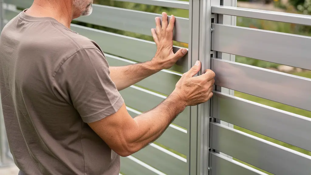 Bricoleur installant un panneau de clôture aluminium dans système de rainure poteau