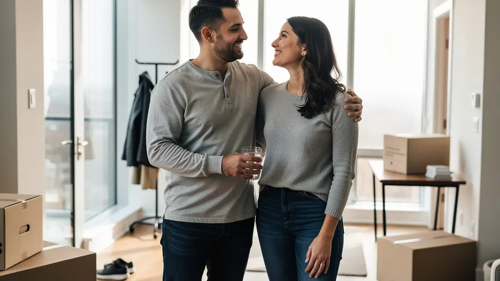 Jeune couple avec cartons de déménagement dans leur nouveau condo à Montréal