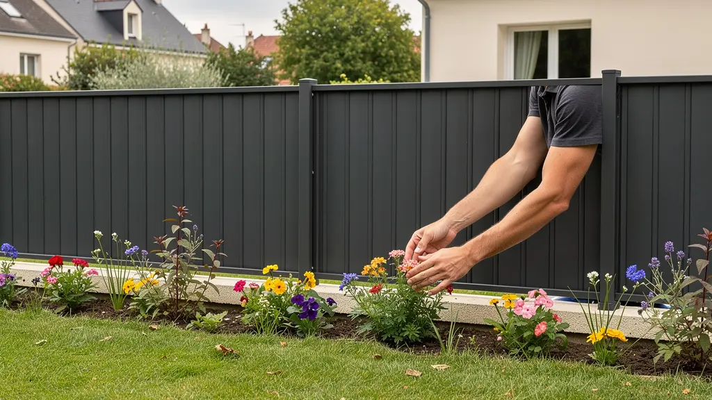 Clôture aluminium gris anthracite délimitant un jardin fleuri de maison individuelle française