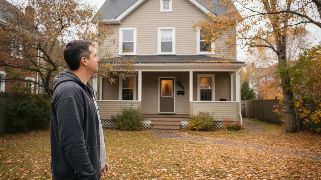 Propriétaire observant sa maison québécoise en automne pour évaluation assurance