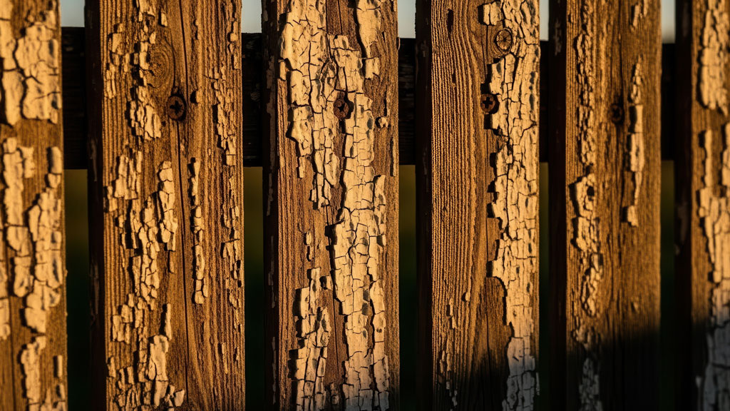 Clôture bois extérieure présentant grisaillement et peinture écaillée après plusieurs années