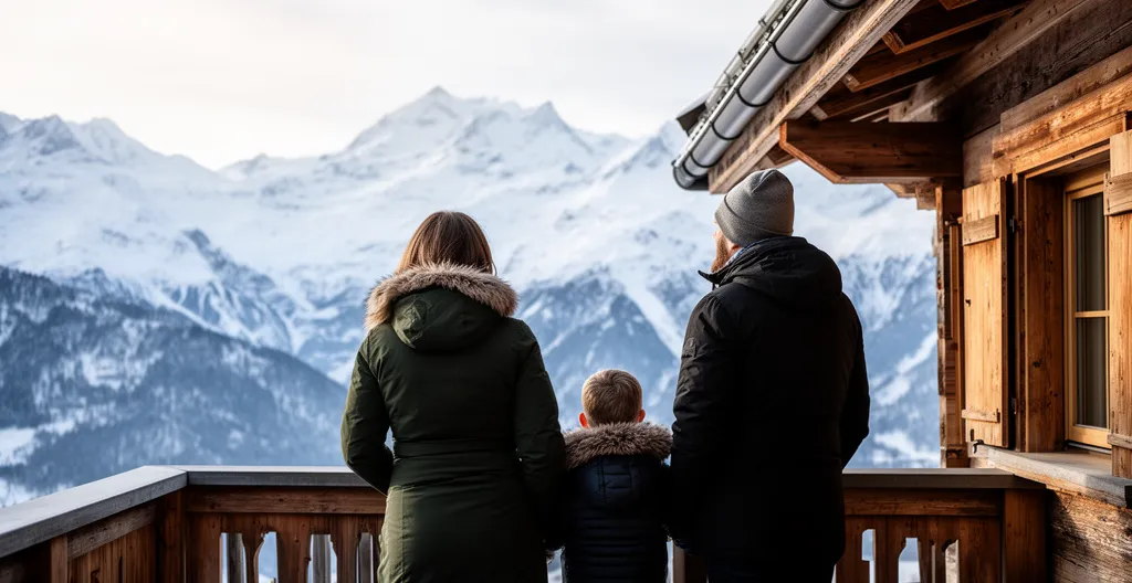Famille contemplant le panorama montagneux depuis une terrasse de chalet alpin