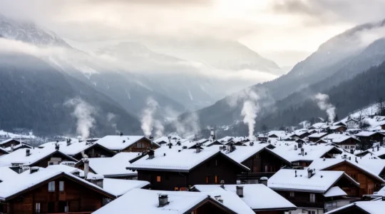 Vue panoramique d'un village de montagne à Courchevel avec chalets enneigés