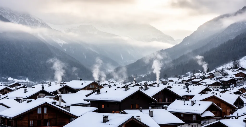 Vue panoramique d'un village de montagne à Courchevel avec chalets enneigés