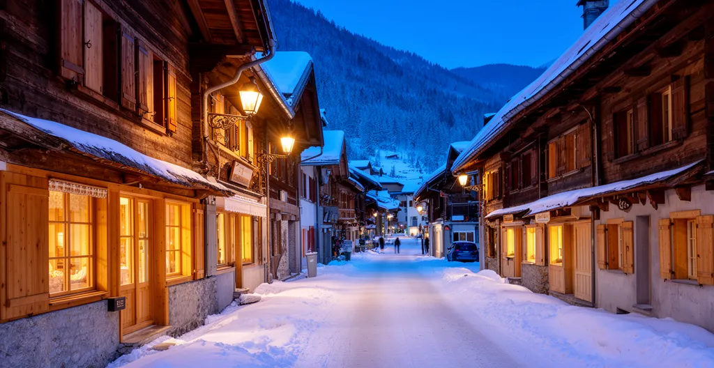 Ruelle enneigée d'un village savoyard authentique avec chalets traditionnels en bois