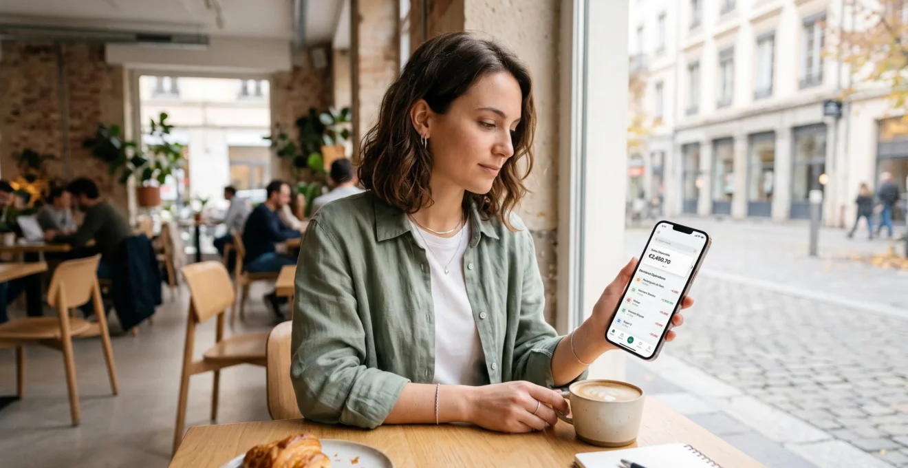 Jeune adulte consultant une application bancaire en ligne sur son smartphone dans un café moderne, lumière naturelle, interface générique en français affichant solde et transactions.