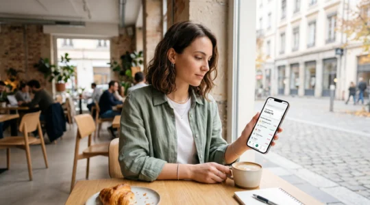 Jeune adulte consultant une application bancaire en ligne sur son smartphone dans un café moderne, lumière naturelle, interface générique en français affichant solde et transactions.