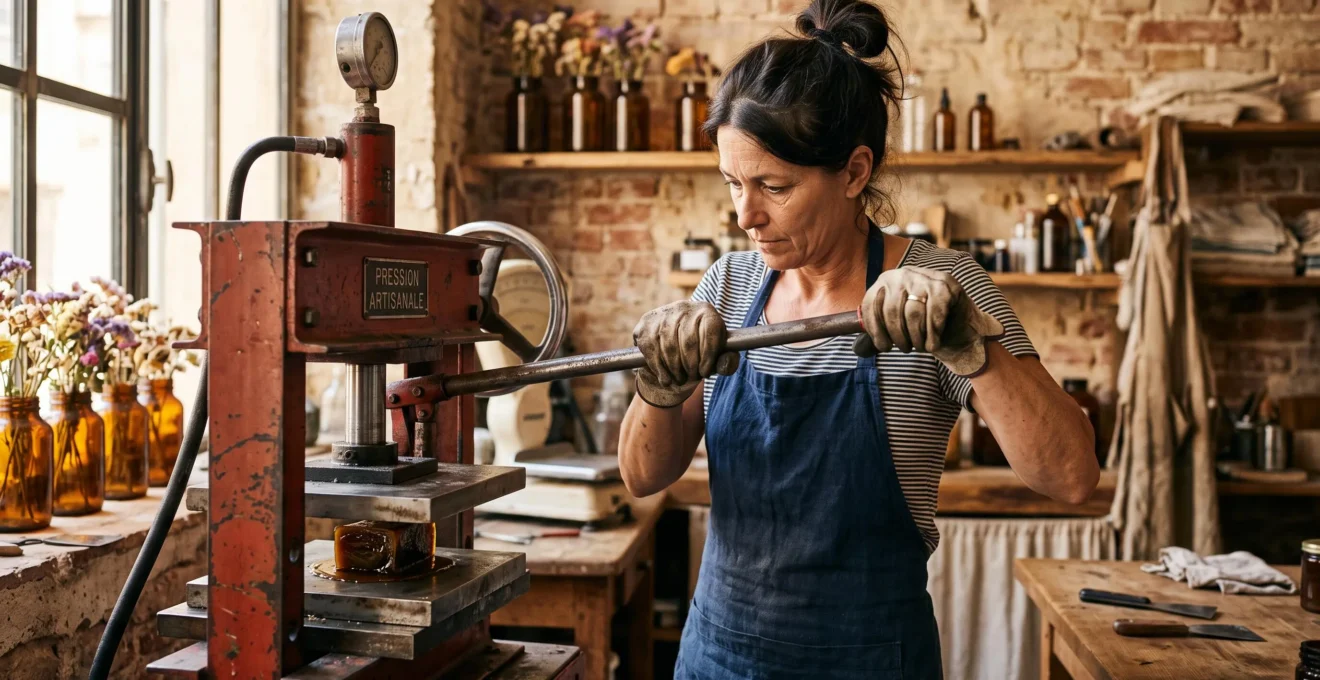 Un artisan presse une résine de CBD entre deux plaques chauffantes dans son atelier.