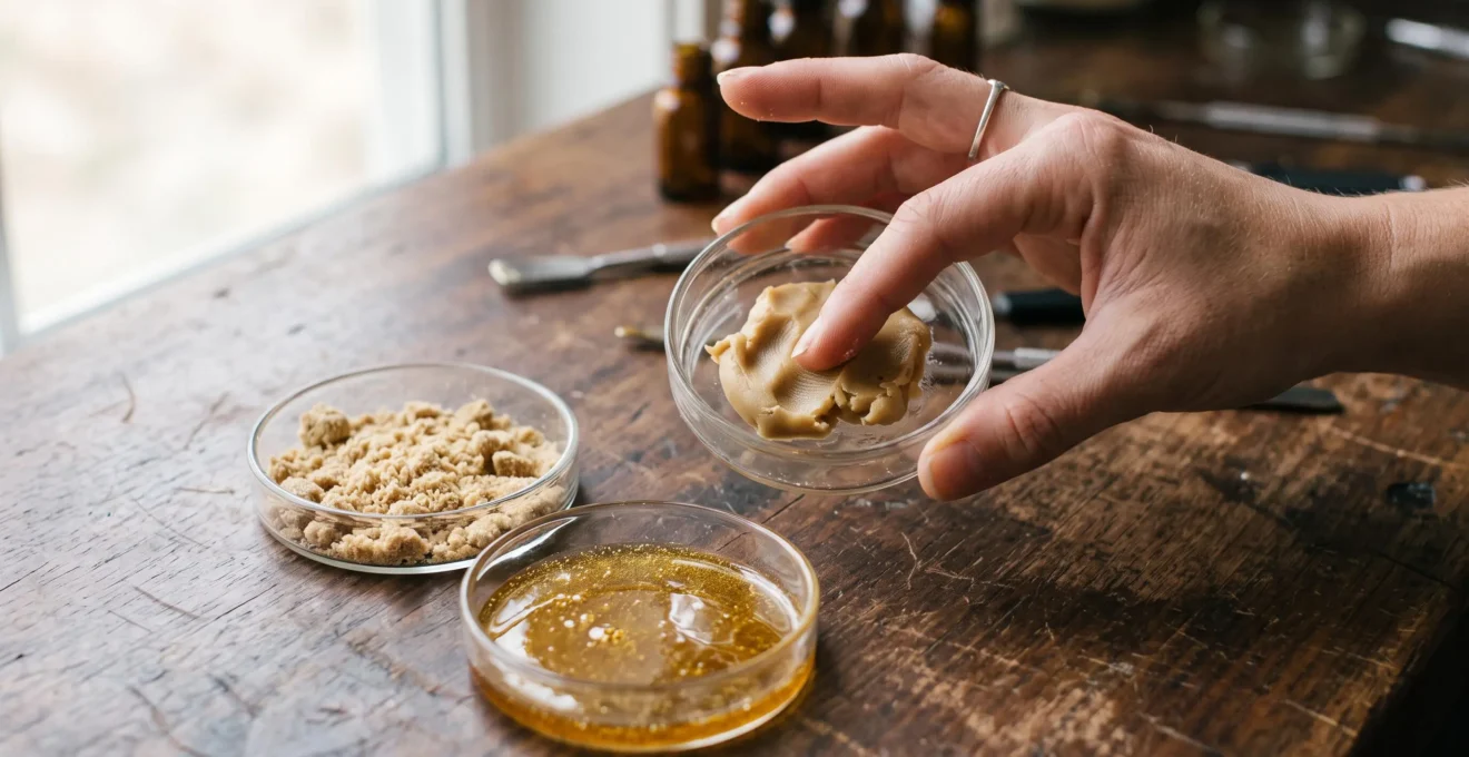 Plusieurs résines de CBD aux textures différentes alignées dans des coupelles en verre.