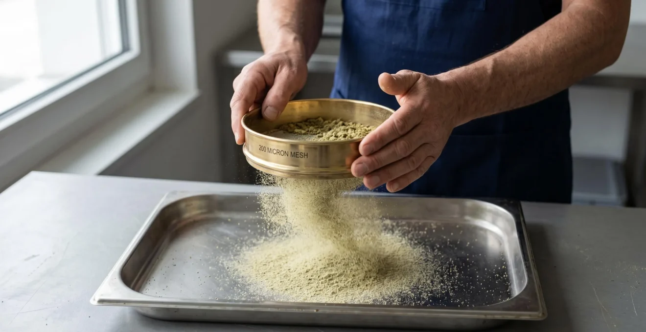 Des mains tamisent une poudre de résine à travers une grille fine au-dessus d'un plateau.